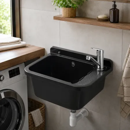 Lavabo per Esterno Nero 50x34 cm Lavello a Muro Pilozzo per Lavanderia