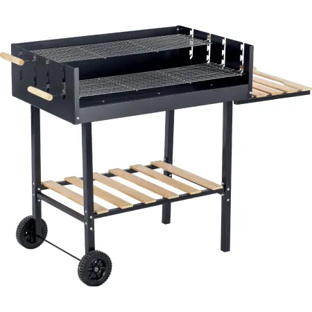 Barbecue a Carbone con Doppia Griglia Inox Regolabile Ripiani in Legno