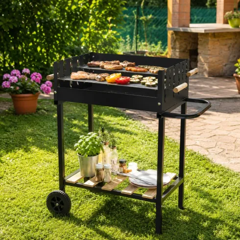 Barbecue a Carbone da Giardino con Ripiano e Griglia Inox Regolabile