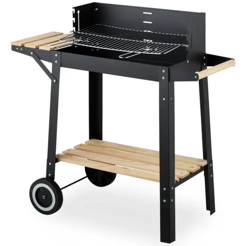 Barbecue a Carbonella con Griglia Inox Regolabile e Ripiani in Legno
