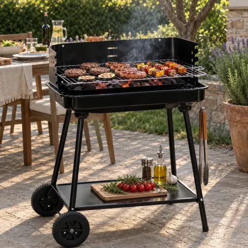 Barbecue a Carbonella da Giardino con Griglia Regolabile Paravento