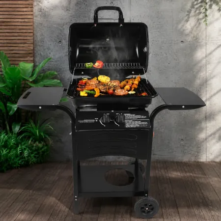 Barbecue a Gas 2 Bruciatori da Giardino 7,5 kW con Ripiano Ruote