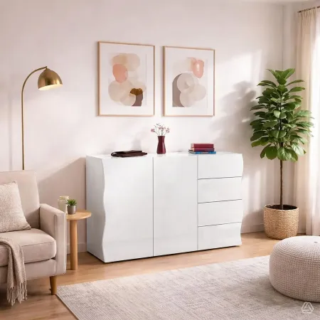 Madia a 2 Ante e 4 Cassetti Credenza in Legno Mobile Bianco da Ingresso