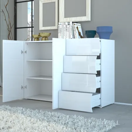 Madia a 2 Ante e 4 Cassetti Credenza in Legno Mobile Bianco da Ingresso