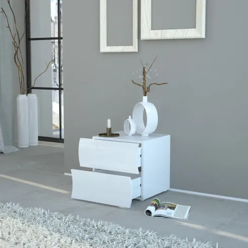 Comodino con 2 Cassetti in Legno Bianco Lucido Camera da Letto