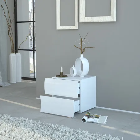 Comodino con 2 Cassetti in Legno Bianco Lucido Camera da Letto