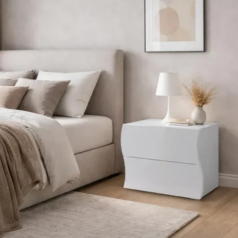 Comodino con 2 Cassetti in Legno Bianco Lucido Camera da Letto