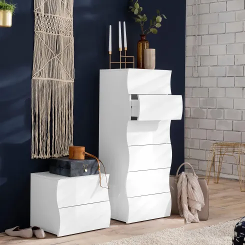 Comodino con 2 Cassetti in Legno Bianco Lucido Camera da Letto