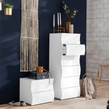 Settimino con 6 Cassetti Onda in Legno Bianco Lucido Camera Ingresso