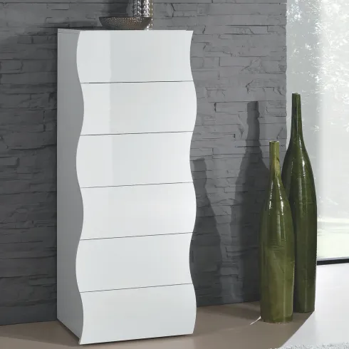 Settimino con 6 Cassetti Onda in Legno Bianco Lucido Camera Ingresso