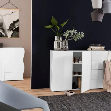 Madia Bianco Lucido con 1 Ante e 4 Cassetti Credenza in Legno da Ingresso