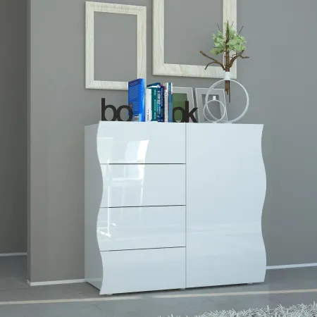 Madia Bianco Lucido con 1 Ante e 4 Cassetti Credenza in Legno da Ingresso