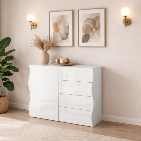 Madia Bianco Lucido con 1 Ante e 4 Cassetti Credenza in Legno da Ingresso