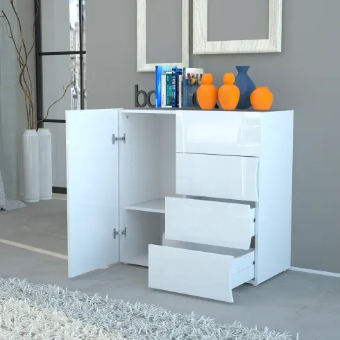 Madia Bianco Lucido con 1 Ante e 4 Cassetti Credenza in Legno da Ingresso