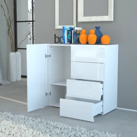 Madia Bianco Lucido con 1 Ante e 4 Cassetti Credenza in Legno da Ingresso