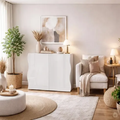 Madia a 2 Ante Bianco Lucido Credenza per Soggiorno Moderna Multifunzione