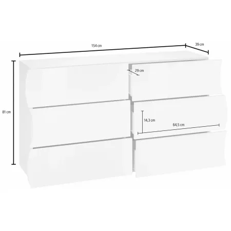 Credenza Orizzontale con 6 Cassetti Bianco Lucido per Soggiorno Madia