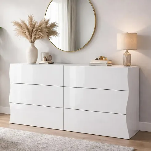 Credenza Orizzontale con 6 Cassetti Bianco Lucido per Soggiorno Madia