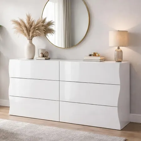 Credenza Orizzontale con 6 Cassetti Bianco Lucido per Soggiorno Madia