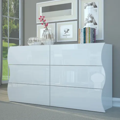 Credenza Orizzontale con 6 Cassetti Bianco Lucido per Soggiorno Madia