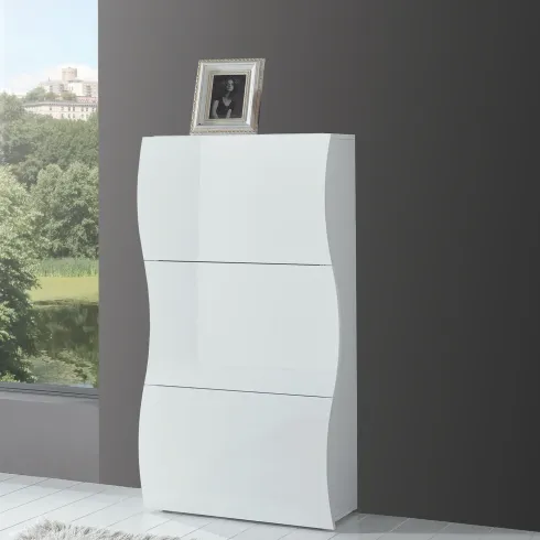 Scarpiera Bianco Lucido Mobile in Legno con 3 Ante a Ribalta Portascarpe