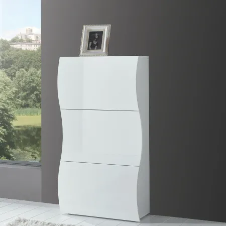 Scarpiera Bianco Lucido Mobile in Legno con 3 Ante a Ribalta Portascarpe