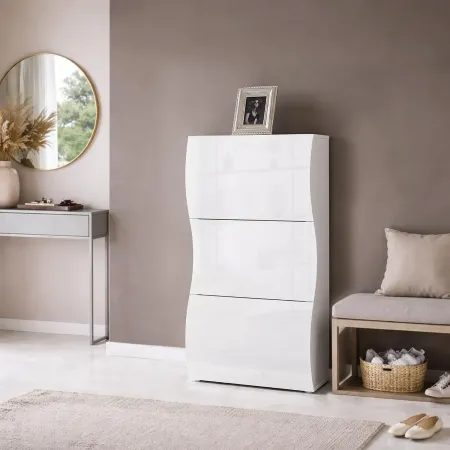 Scarpiera Bianco Lucido Mobile in Legno con 3 Ante a Ribalta Portascarpe