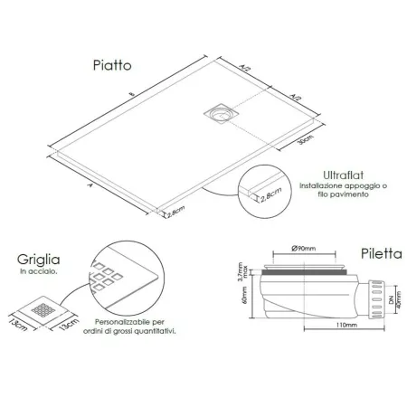 Piatto Doccia Bianco Ardesia Slim Effetto Pietra Filo Pavimento in Marmo Resina