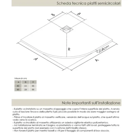 Piatto Doccia 80x80 90x90 Slim Semicircolare Effetto Pietra Angolare con Piletta