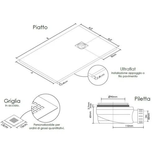 Piatto Doccia Nero Effetto Pietra Slim Filo Pavimento 70 80 100 120 140 Piletta
