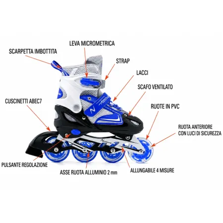 Pattini in Linea Bambini Blu Taglia L 38/41 Regolabili Ruote Luminose