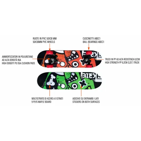 Skateboard Bambini 60x15cm con Cuscinetti ABEC1 Ruote PVC Mostri
