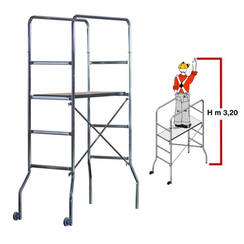 Mini Ponteggio Trabattello Acciaio con Ruote Scala Bricolage Altezza Lavoro 3.2m