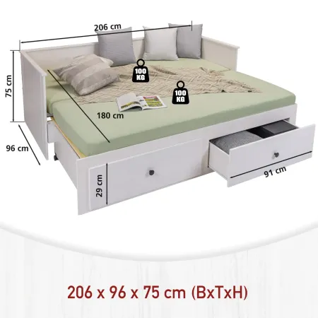 Divano Letto Singolo 90x200 cm in Legno Bianco con 2 Cassetti