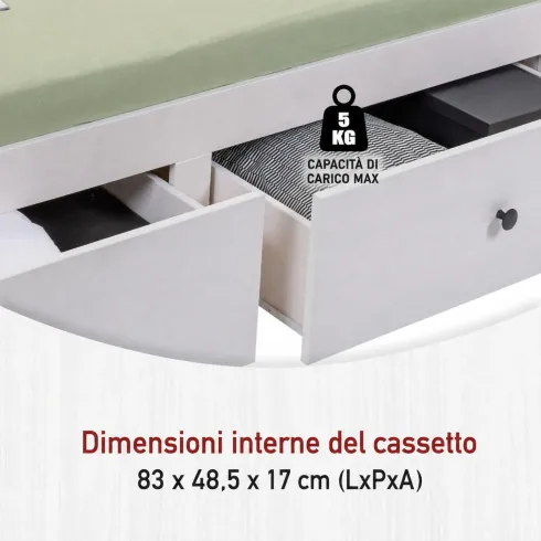 Divano Letto Singolo 90x200 cm in Legno Bianco con 2 Cassetti