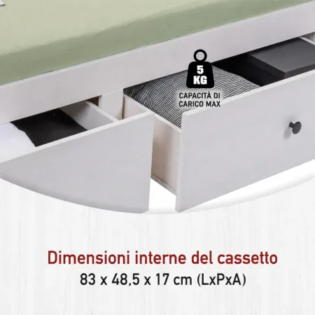 Divano Letto Singolo 90x200 cm in Legno Bianco con 2 Cassetti