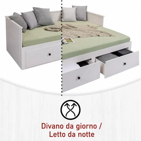 Divano Letto Singolo 90x200 cm in Legno Bianco con 2 Cassetti