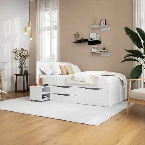 Letto alla Francese 140x200 cm in Legno Bianco con Cassetti Comodino