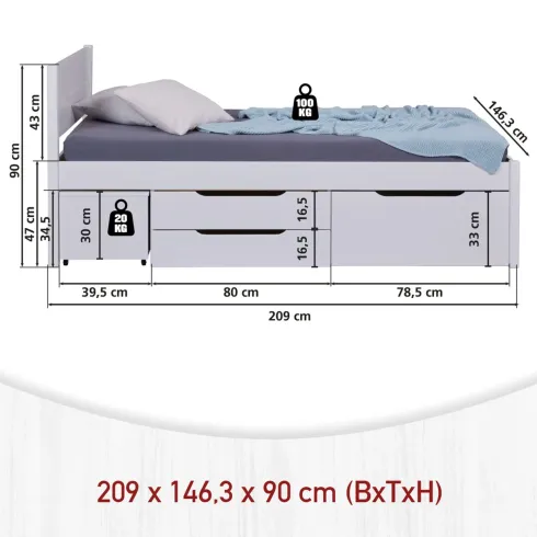 Letto alla Francese 140x200 cm in Legno Bianco con Cassetti Comodino