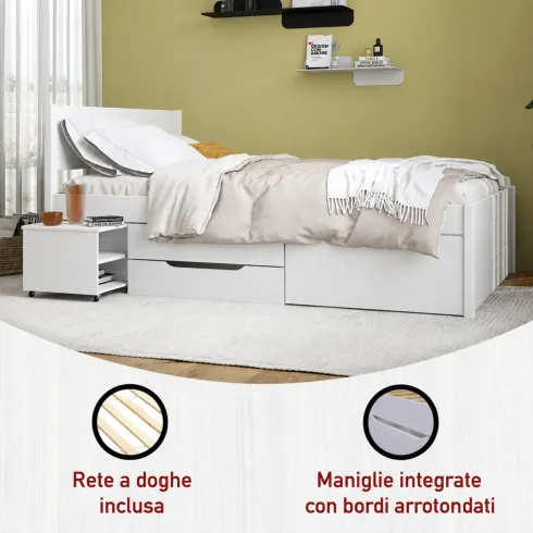 Letto alla Francese 140x200 cm in Legno Bianco con Cassetti Comodino