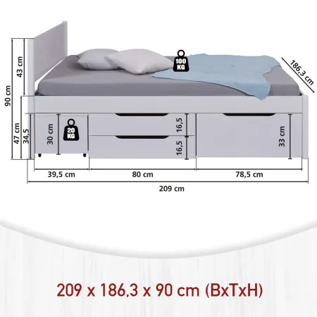 Letto Matrimoniale 180x200 cm in Pino Bianco con Cassetti Comodini