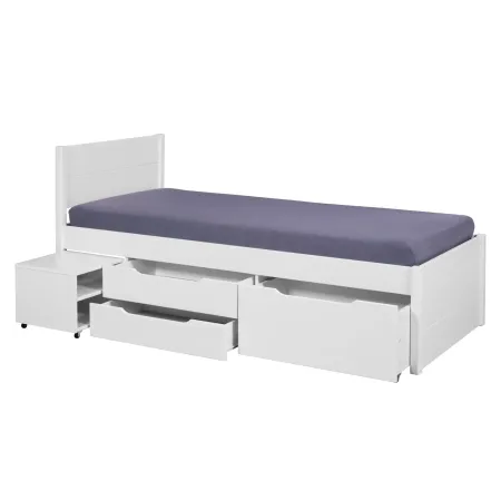 Letto Singolo 90x200 cm in Legno Bianco Cassetti Comodino Estraibili