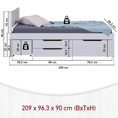 Letto Singolo 90x200 cm in Legno Bianco Cassetti Comodino Estraibili