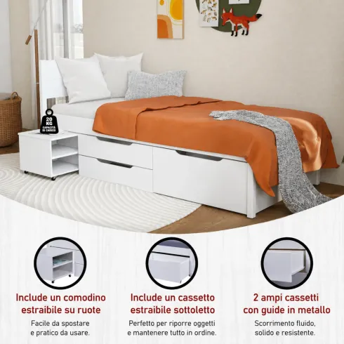 Letto Singolo 90x200 cm in Legno Bianco Cassetti Comodino Estraibili