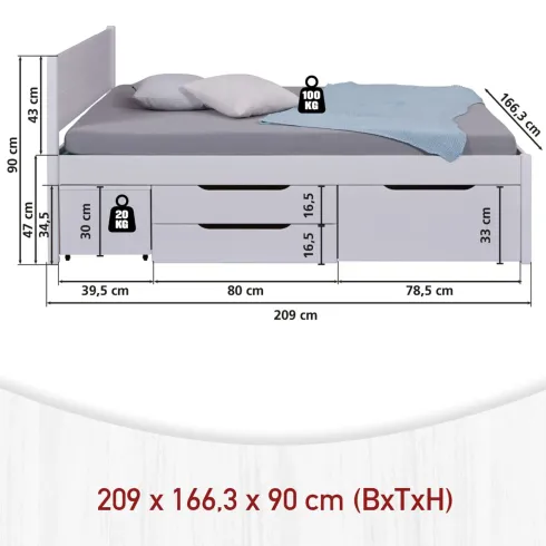 Letto Matrimoniale 160x200 cm Legno Bianco con Rete Cassetti Comodini