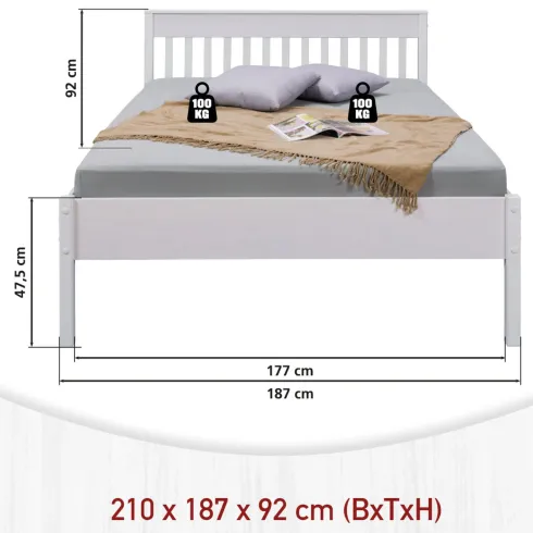 Letto Matrimoniale 180x200 cm in Pino Massello Bianco con Testiera