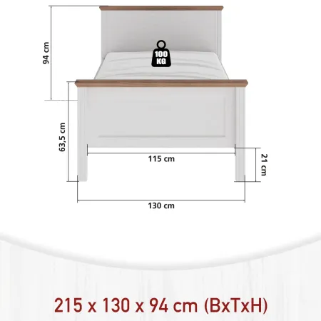Letto Una Piazza e Mezza 120x200 cm in Pino Massello Bianco Rovere