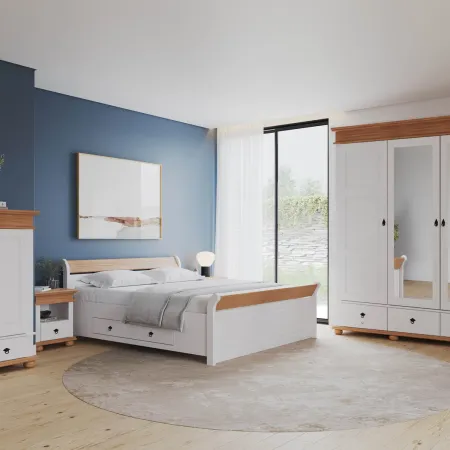 Letto alla Francese 180x200 Pino Massello Bianco Rovere con Cassetto