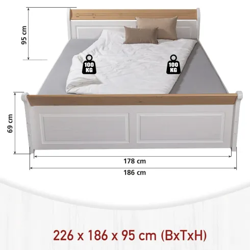 Letto alla Francese 180x200 Pino Massello Bianco Rovere con Cassetto