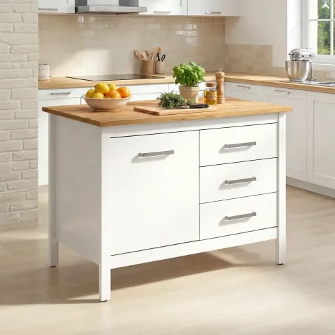 Tavolo Bar da Cucina Bianco Rovere Isola con Anta Cassetti Soft-Close